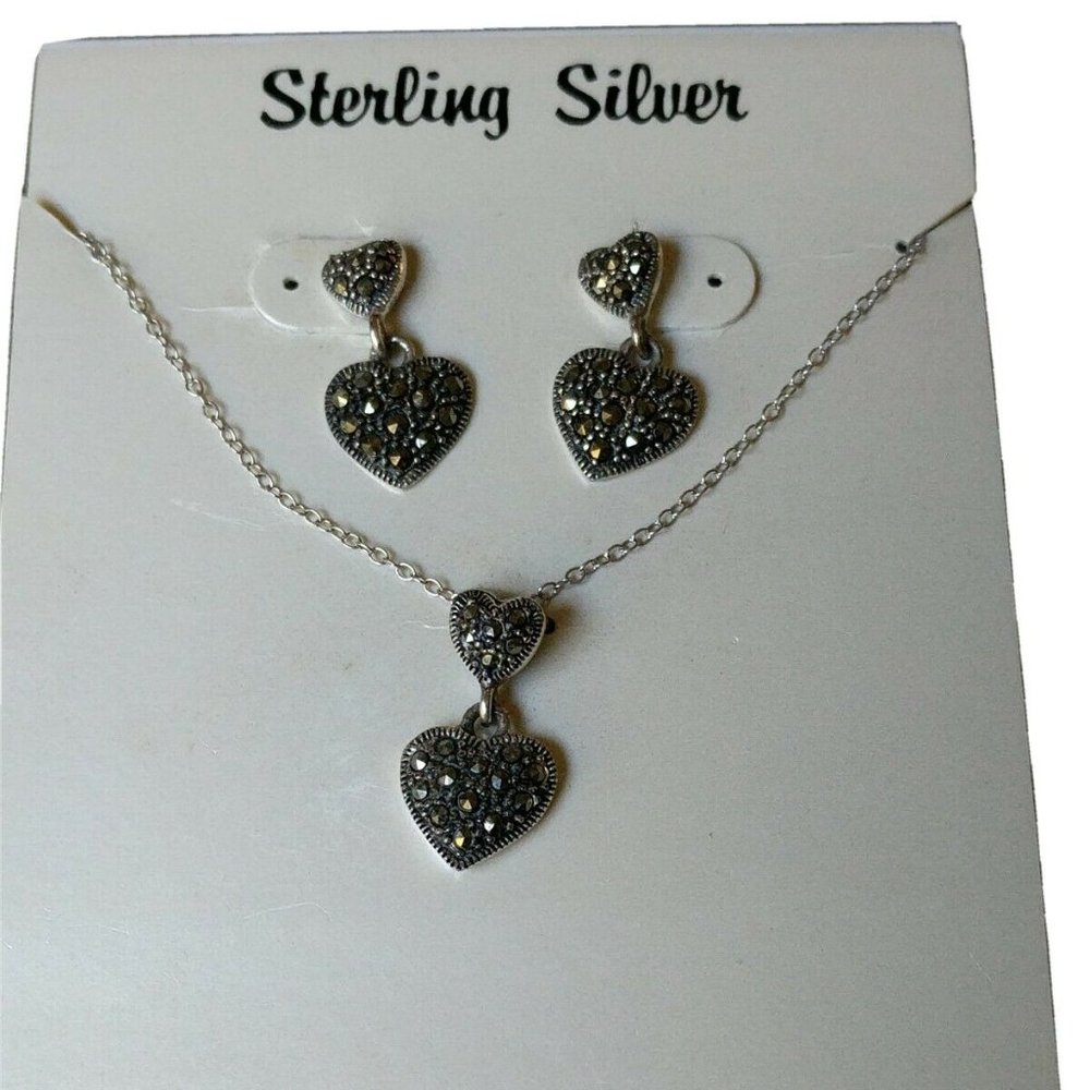 Sterling Silver Genuine Marcasite Dangling Heart Earrings Necklace Set